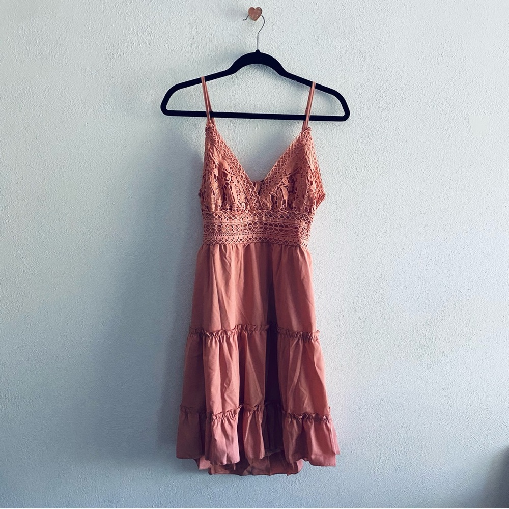 NWT EcoWish pink crochet tie back mini dress